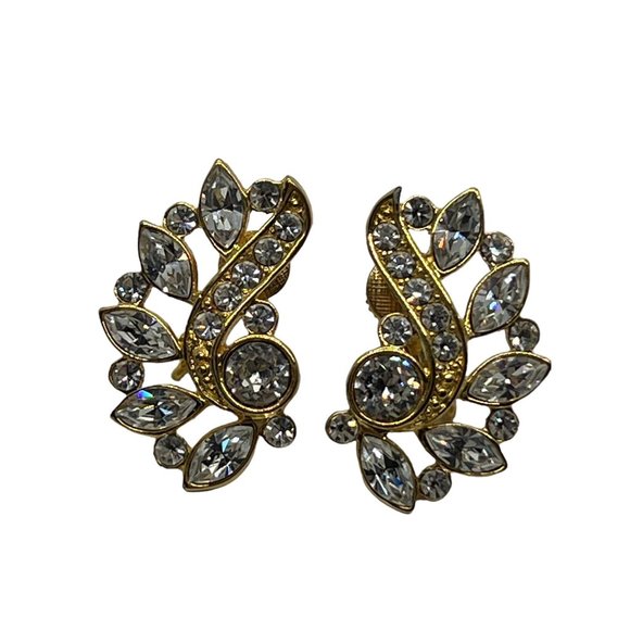 Vintage Napier Clip On Earrings Swarovski Crystal Gold Tone 1.25" Tall - Picture 2 of 5